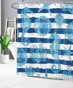Seahorse Shower Curtain, Ocean Theme Blue And White Striped Fabric, Sea Animal Bathroom Curtains Set