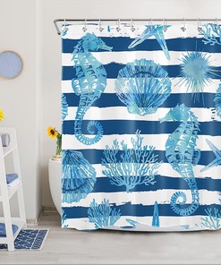 Seahorse Shower Curtain, Ocean Theme Blue And White Striped Fabric, Sea Animal Bathroom Curtains Set 