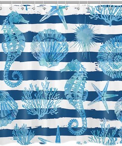 Seahorse Shower Curtain, Ocean Theme Blue And White Striped Fabric, Sea Animal Bathroom Curtains Set 