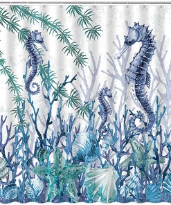 Seahorse Starfish Coral Seashell Blue Ocean Beach Underwater Marine Life Shower Curtain with Nautical Coastal Elements