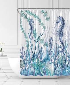Seahorse Starfish Coral Seashell Blue Ocean Beach Underwater Marine Life Shower Curtain with Nautical Coastal Elements