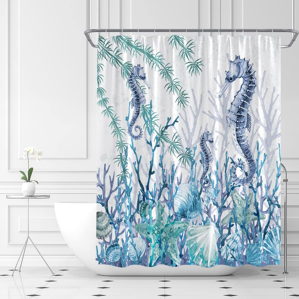 Seahorse Starfish Coral Seashell Blue Ocean Beach Underwater Marine Life Shower Curtain with Nautical Coastal Elements