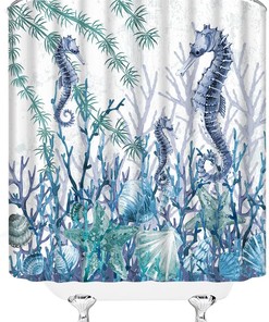 Seahorse Starfish Coral Seashell Blue Ocean Beach Underwater Marine Life Shower Curtain with Nautical Coastal Elements