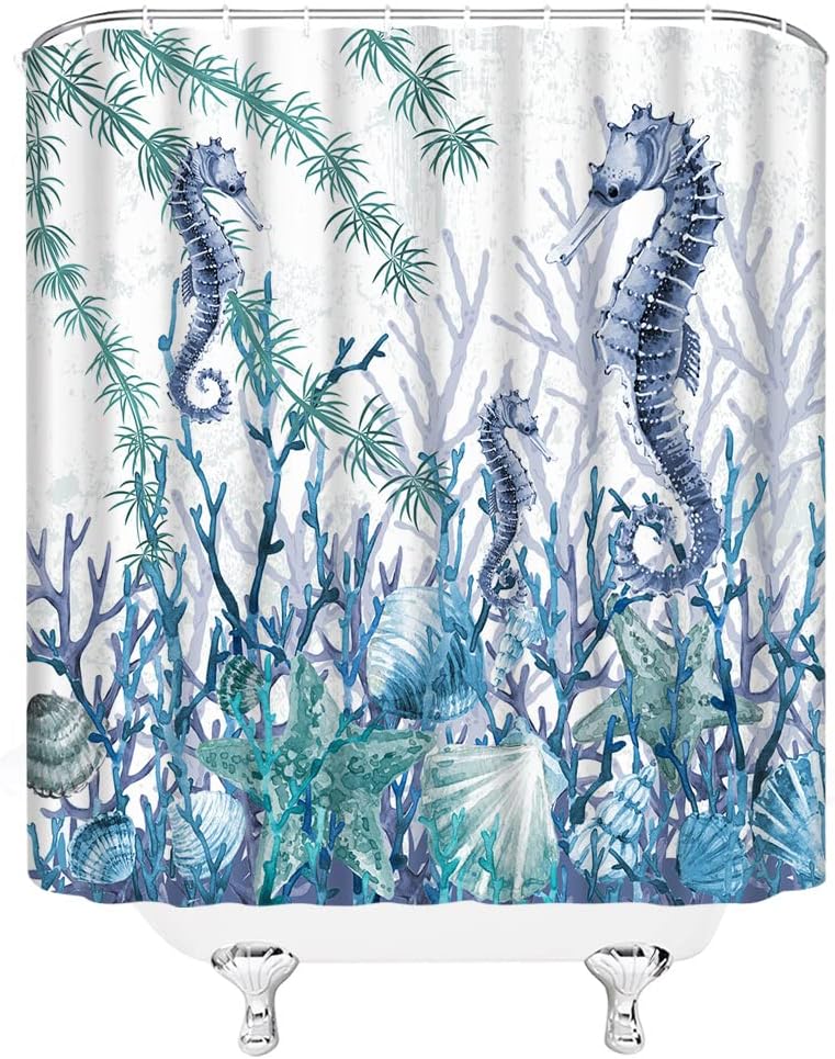 Seahorse Starfish Coral Seashell Blue Ocean Beach Underwater Marine Life Shower Curtain with Nautical Coastal Elements