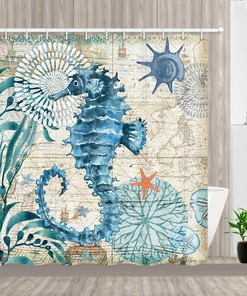 Seahorse and Flower Print Shower Curtain Fabric Bath Curtain for Travel-Enthusiasts