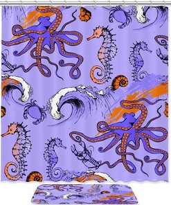 Seahorse and Octopus Shower Curtain: Waterproof Fabric.