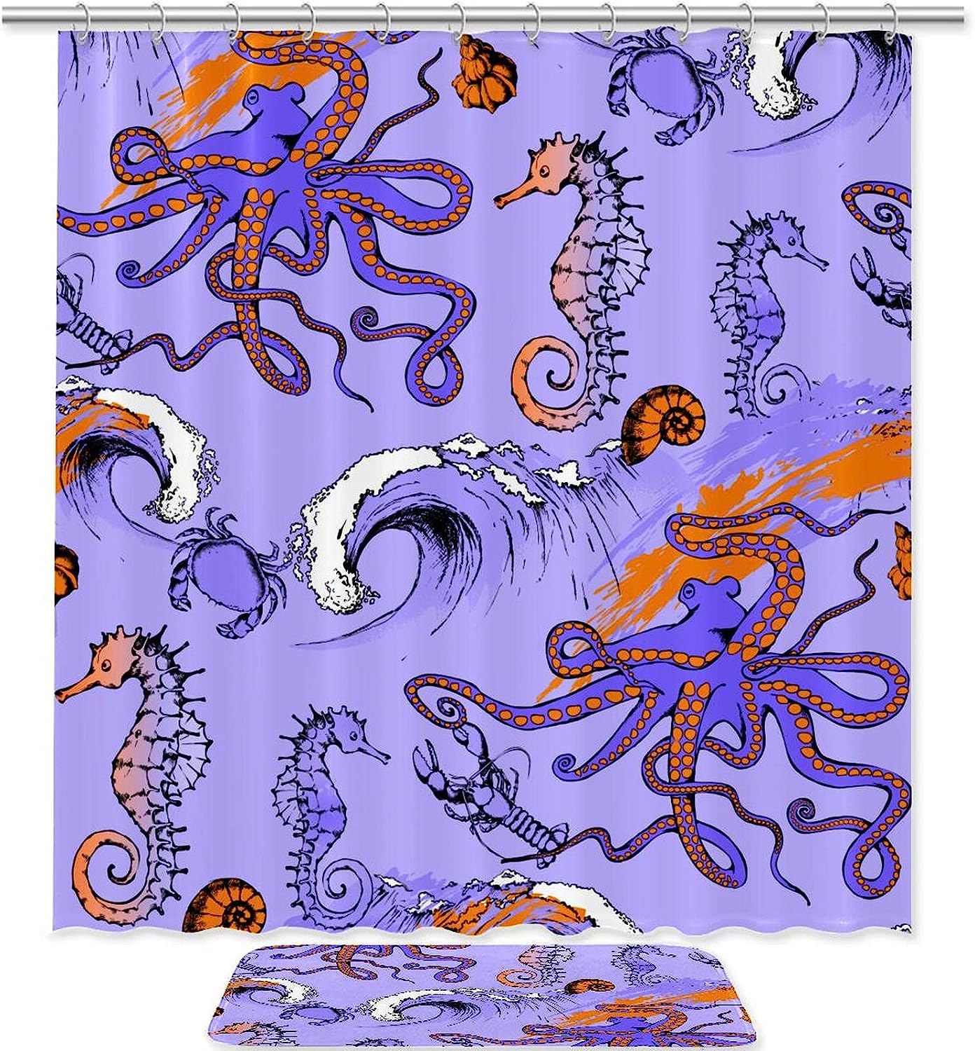 Seahorse and Octopus Shower Curtain: Waterproof Fabric.