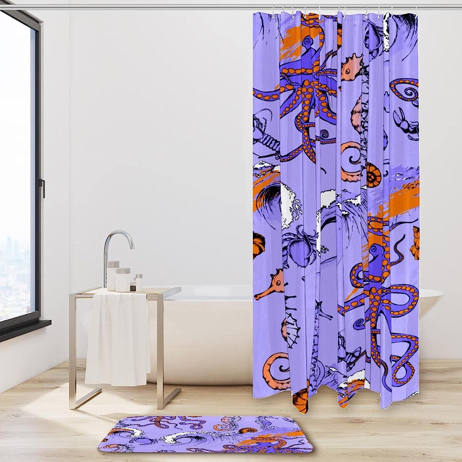 Seahorse and Octopus Shower Curtain: Waterproof Fabric.