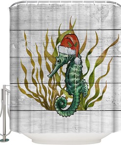 Seahorses with Christmas Hat Shower Curtain - LB Ocean Wooden Grain Bathtub Curtainses