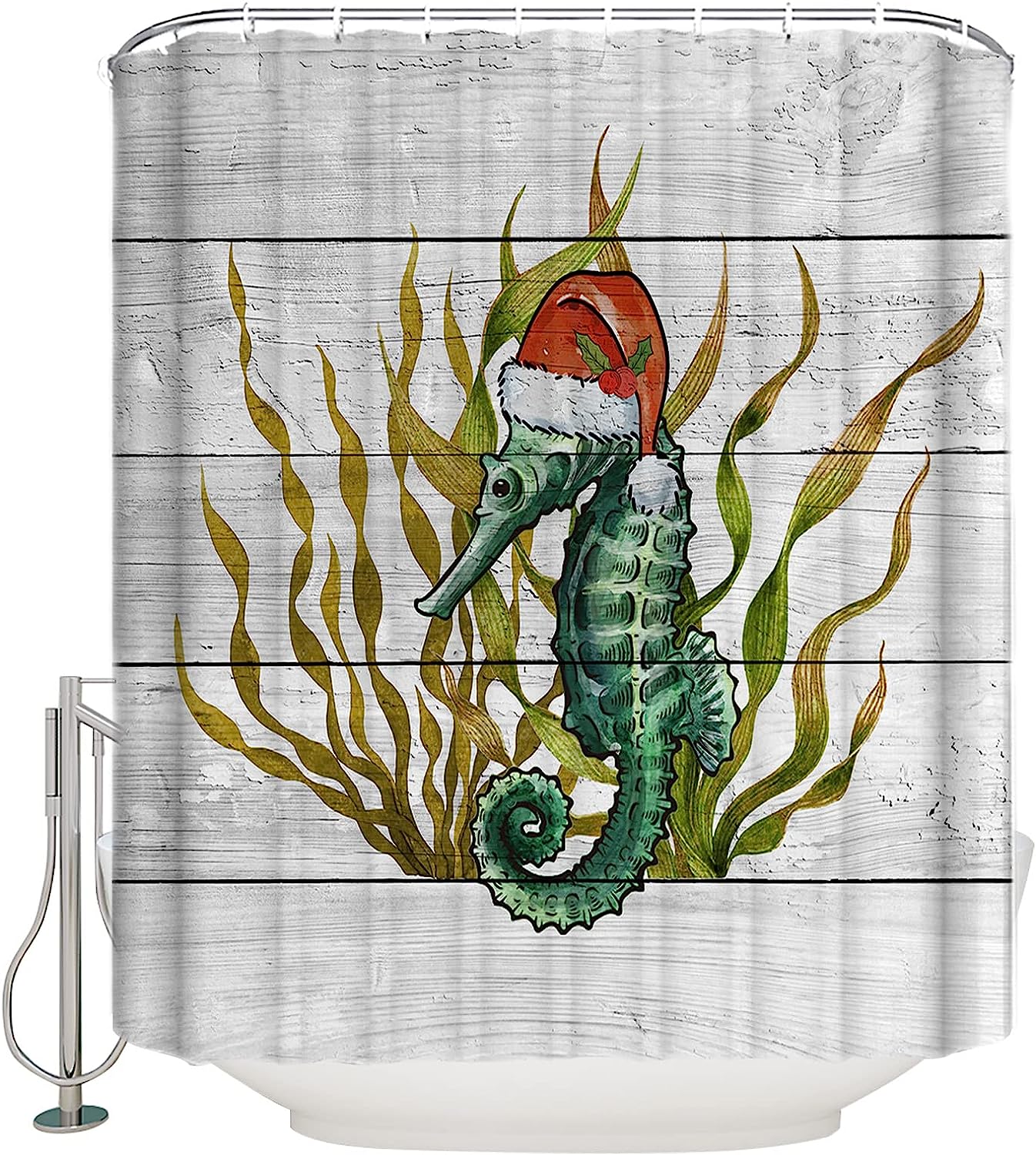 Seahorses with Christmas Hat Shower Curtain - LB Ocean Wooden Grain Bathtub Curtainses