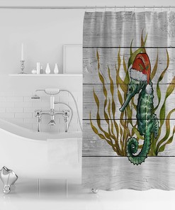 Seahorses with Christmas Hat Shower Curtain - LB Ocean Wooden Grain Bathtub Curtainses