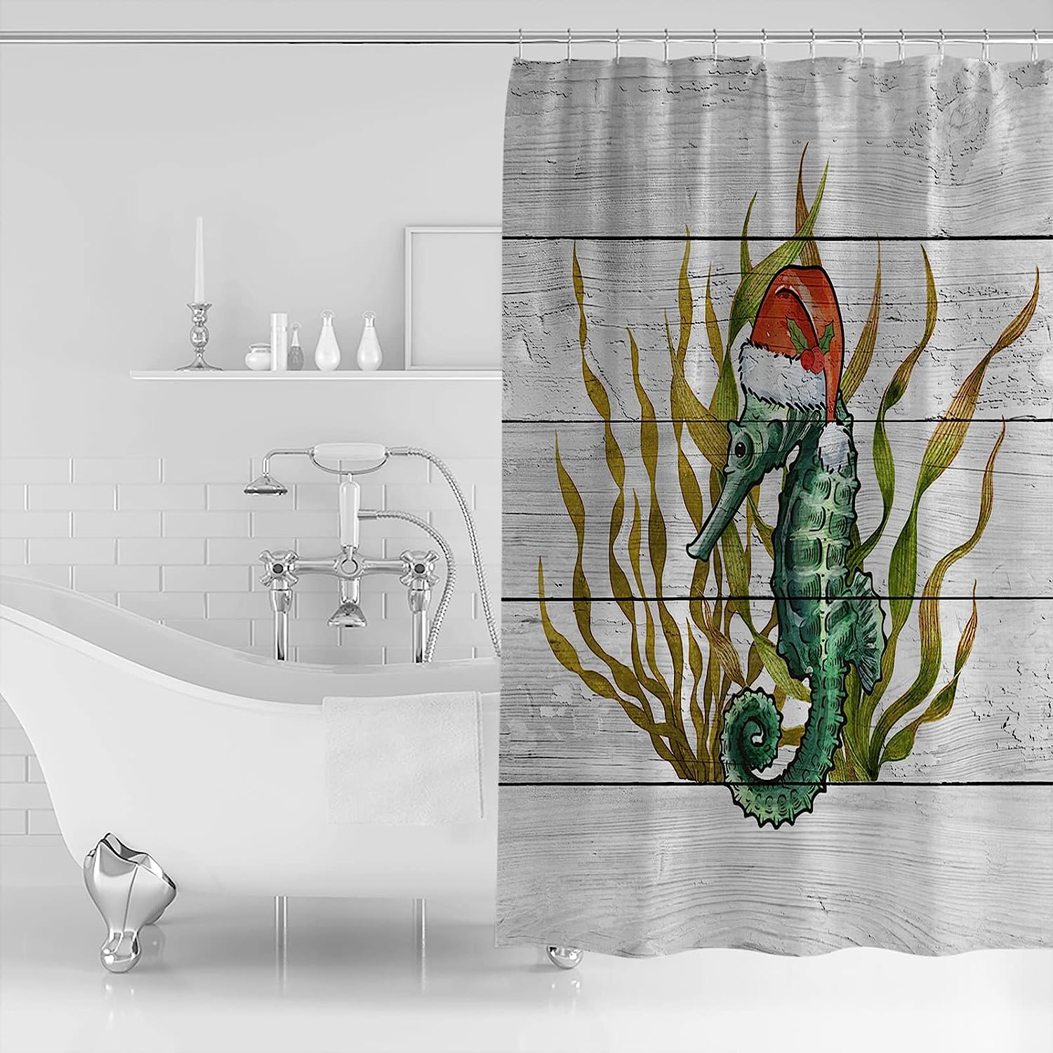 Seahorses with Christmas Hat Shower Curtain - LB Ocean Wooden Grain Bathtub Curtainses