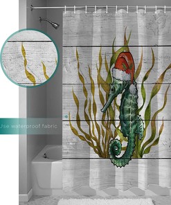 Seahorses with Christmas Hat Shower Curtain - LB Ocean Wooden Grain Bathtub Curtainses