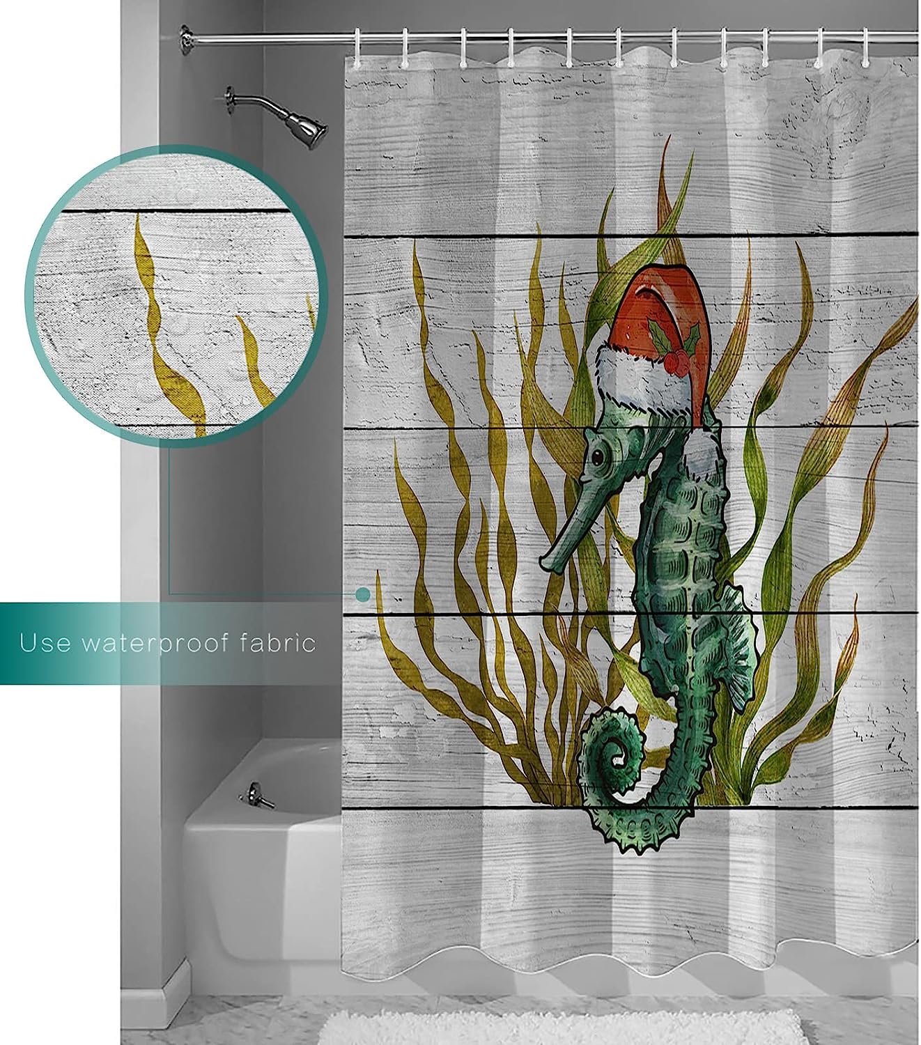 Seahorses with Christmas Hat Shower Curtain - LB Ocean Wooden Grain Bathtub Curtainses