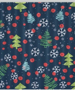 Seamless Christmas Trees Snowflakes Shower Curtain, Festive Bathroom Decoration Fabric Waterproof Curtain 