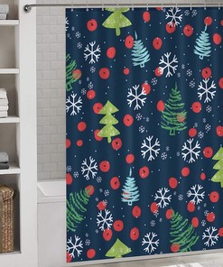 Seamless Christmas Trees Snowflakes Shower Curtain, Festive Bathroom Decoration Fabric Waterproof Curtain