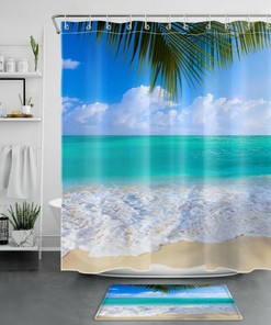 Seascape Palm Tree Shower Curtain for Ocean Beach Decor - Tropical Bathroom Accessories