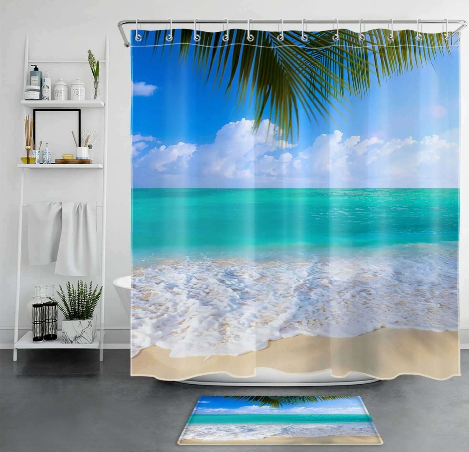 Seascape Palm Tree Shower Curtain for Ocean Beach Decor - Tropical Bathroom Accessories