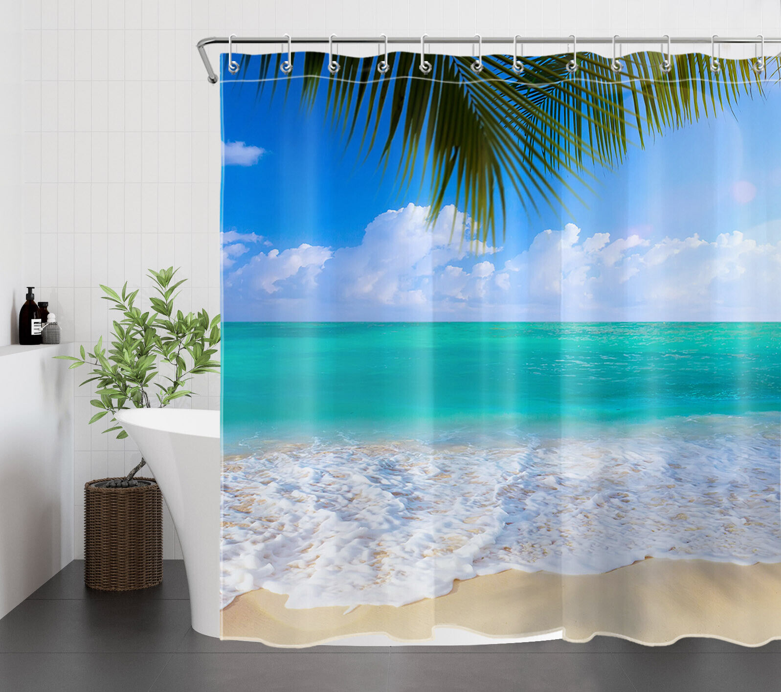 Seascape Palm Tree Shower Curtain for Ocean Beach Decor - Tropical Bathroom Accessories