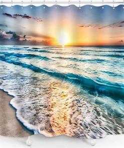 Seascape Waves Printed Shower Curtain In Sunlight - Machine Washable Waterproof Bath Curtain For Home And Hotels