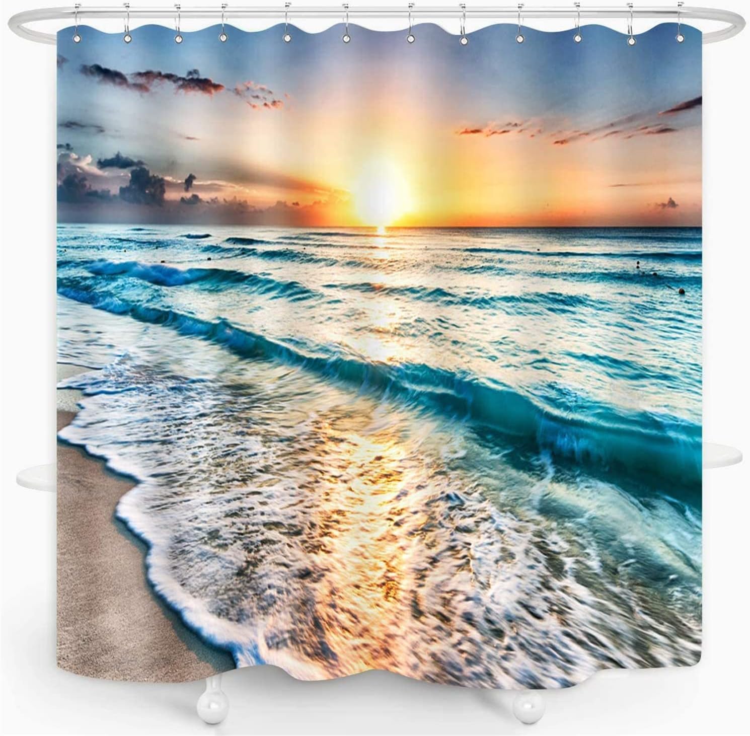 Seascape Waves Printed Shower Curtain In Sunlight - Machine Washable Waterproof Bath Curtain For Home And Hotels - Image 2