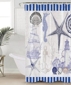 Seashell And Starfish Lighthouse Seahorse Ocean Vintage Blue Shower Curtain - Coastal Bath Curtains