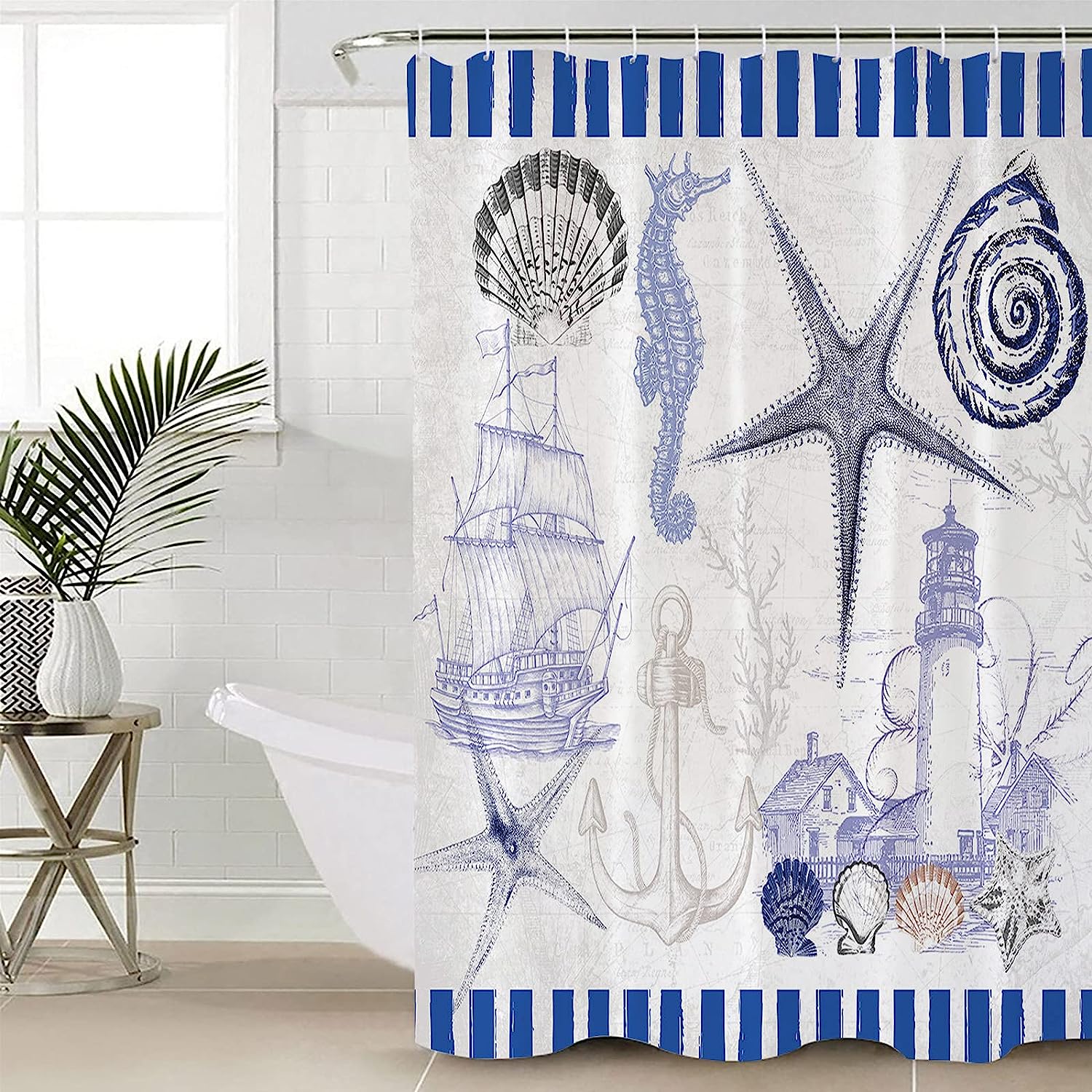 Seashell And Starfish Lighthouse Seahorse Ocean Vintage Blue Shower Curtain - Coastal Bath Curtains
