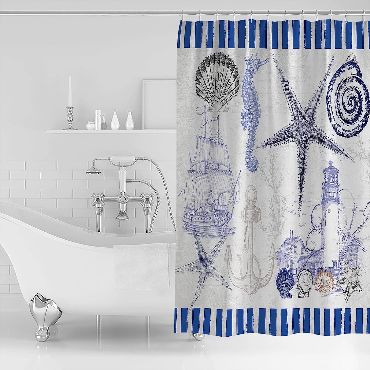 Seashell And Starfish Lighthouse Seahorse Ocean Vintage Blue Shower Curtain - Coastal Bath Curtains - Image 2