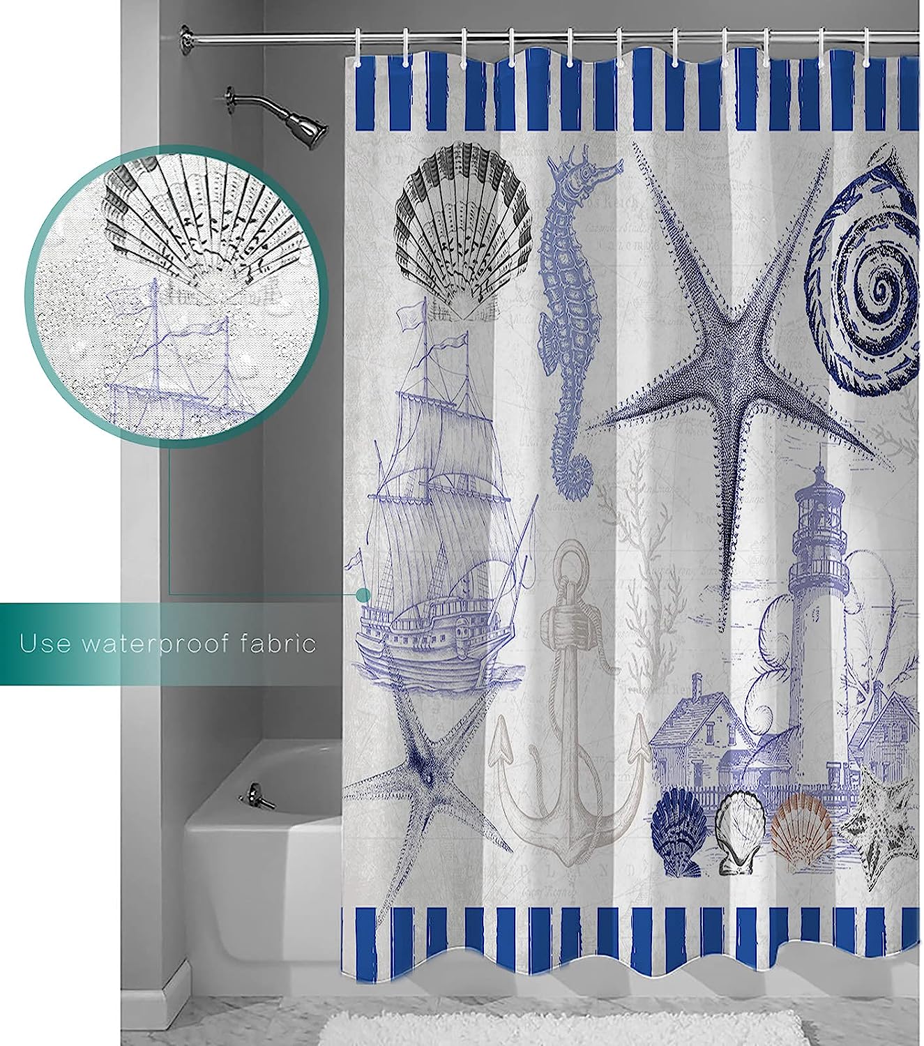 Seashell And Starfish Lighthouse Seahorse Ocean Vintage Blue Shower Curtain - Coastal Bath Curtains - Image 3