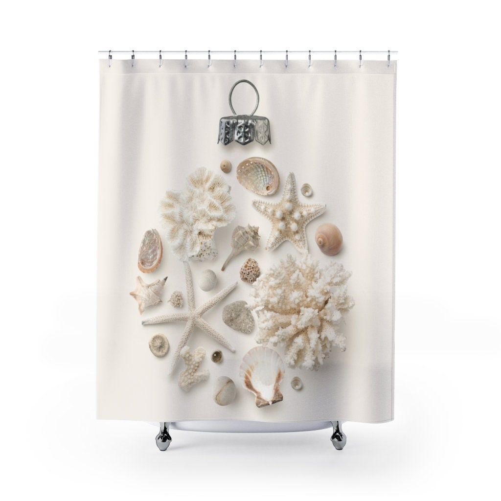 Seashell Christmas Ornament Shower Curtain for Coastal Bathroom Decor