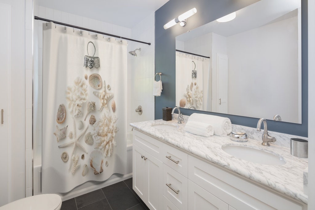 Seashell Christmas Ornament Shower Curtain for Coastal Bathroom Decor