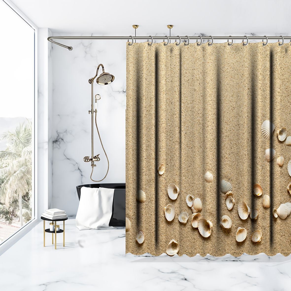 Seashell Printed Shower Curtain with Multiple Sized Sea Shells - Coastal Bathroom Decor