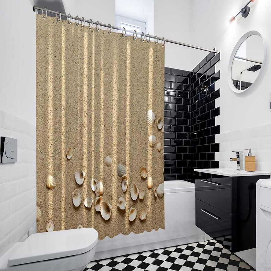 Seashell Printed Shower Curtain with Multiple Sized Sea Shells - Coastal Bathroom Decor