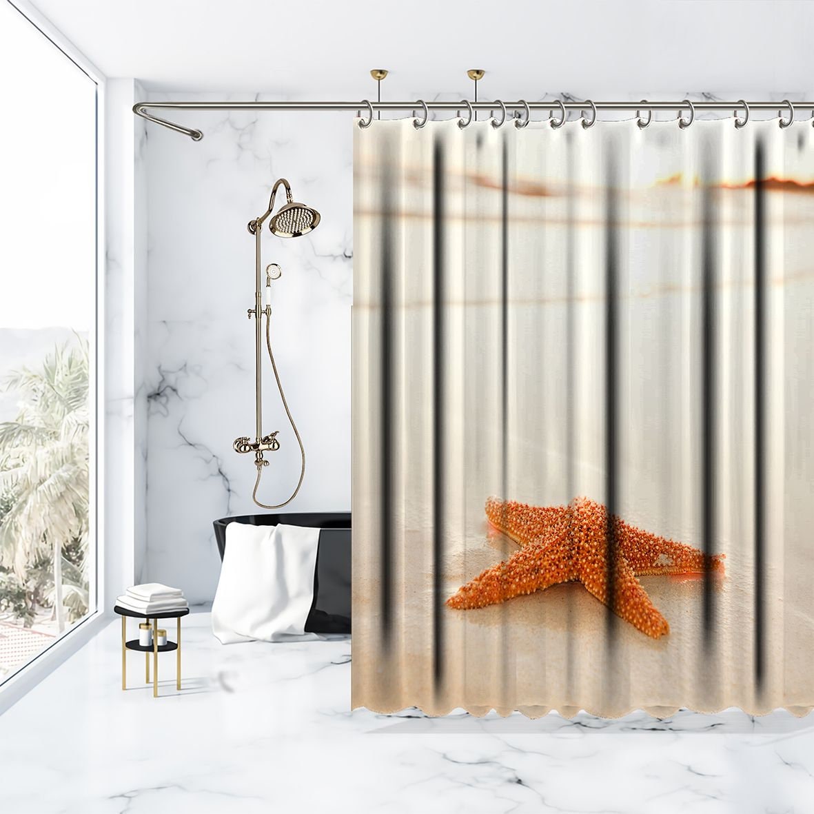 Seashell Seahorse Shower Curtain with Weighted Hem and Reinforced Metal Grommets - Kids Bathroom Decor
