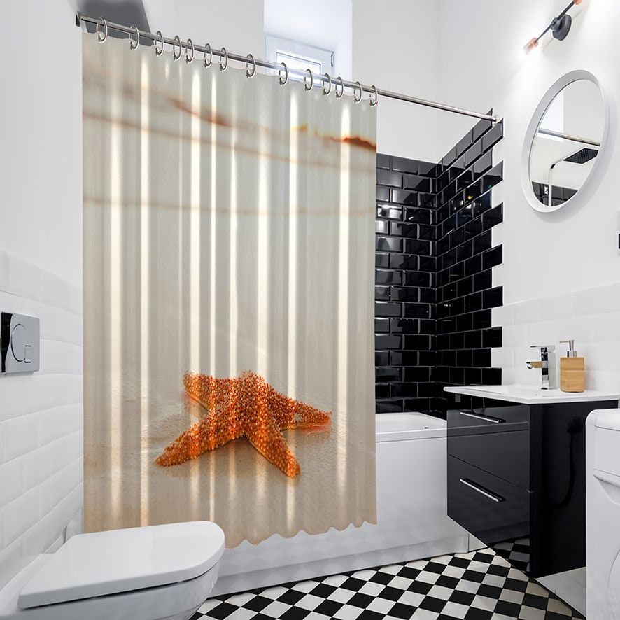 Seashell Seahorse Shower Curtain with Weighted Hem and Reinforced Metal Grommets - Kids Bathroom Decor