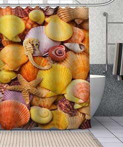 Seashell Seahorse Waterproof Polyester Shower Curtain Decorative Bath Curtain with Hooks - Full Size Bathroom Accessory