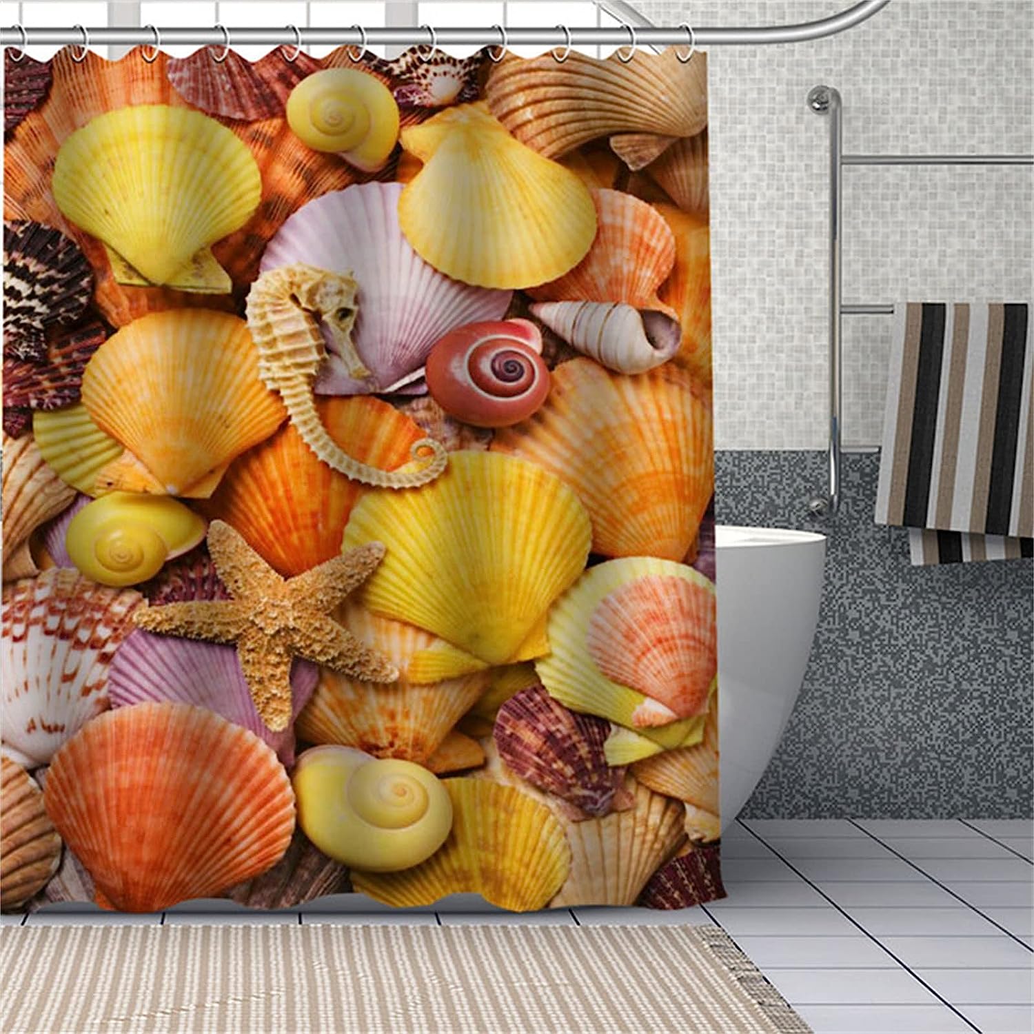 Seashell Seahorse Waterproof Polyester Shower Curtain Decorative Bath Curtain with Hooks - Full Size Bathroom Accessory