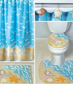 Seashell Shower Curtain with 12 Shell Hooks and Starfish Clam - Nautical Bathroom Decor