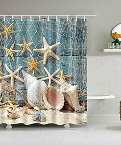 Seashell Shower Curtain with Starfish Accents for Coastal Bathroom Decor