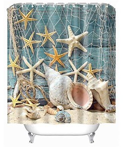 Seashell Shower Curtain with Starfish Accents for Coastal Bathroom Decor