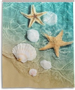 Seashell Shower Curtain with Starfish Motif, Waterproof and Stylish