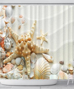 Seashell Shower Curtain with Starfish and Clam Shell Designs - Tropical Beach Sand Bathroom Decor