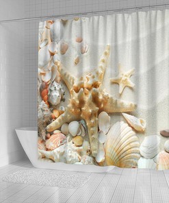 Seashell Shower Curtain with Starfish and Clam Shell Designs - Tropical Beach Sand Bathroom Decor