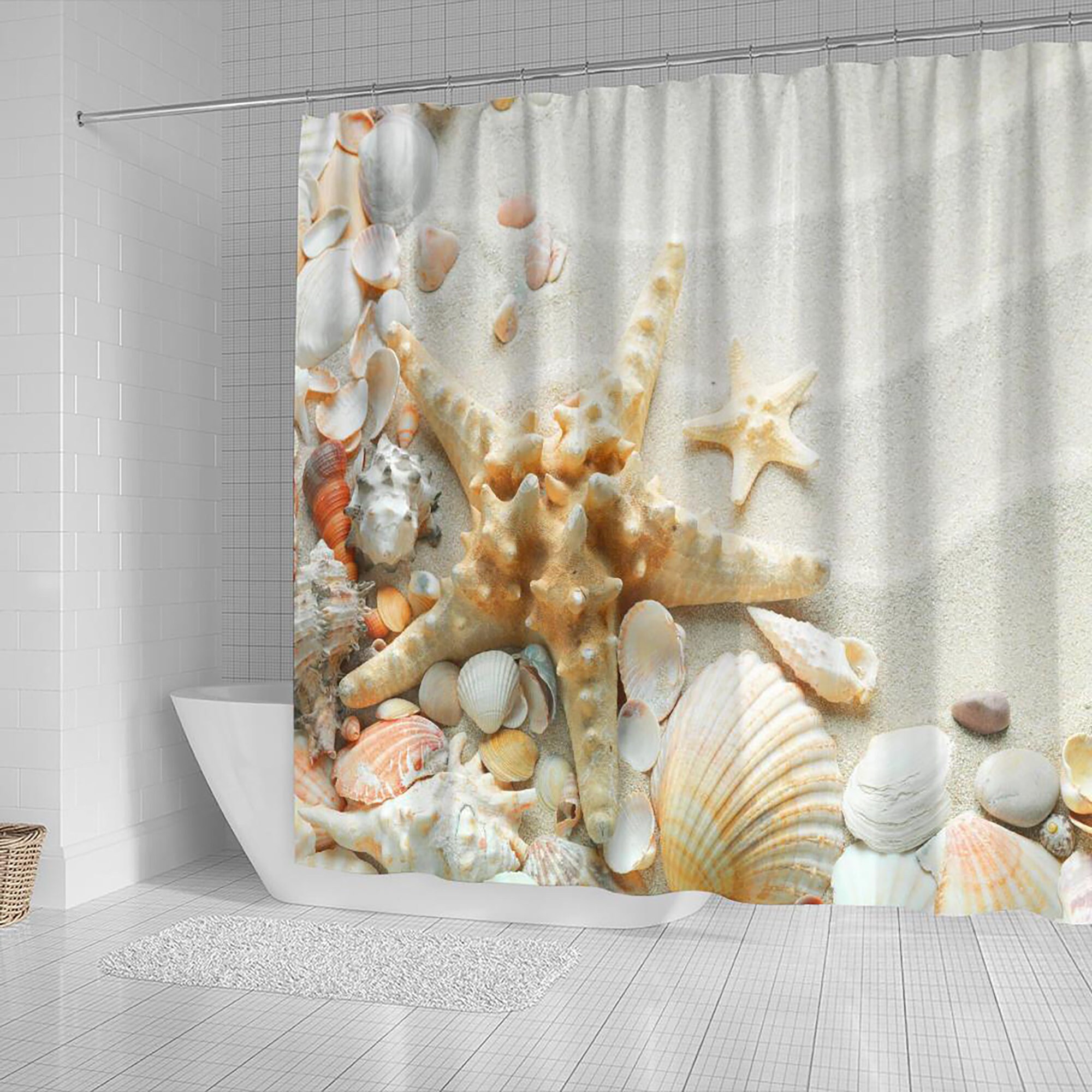 Seashell Shower Curtain with Starfish and Clam Shell Designs - Tropical Beach Sand Bathroom Decor