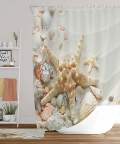 Seashell Shower Curtain with Starfish and Clam Shell Designs - Tropical Beach Sand Bathroom Decor