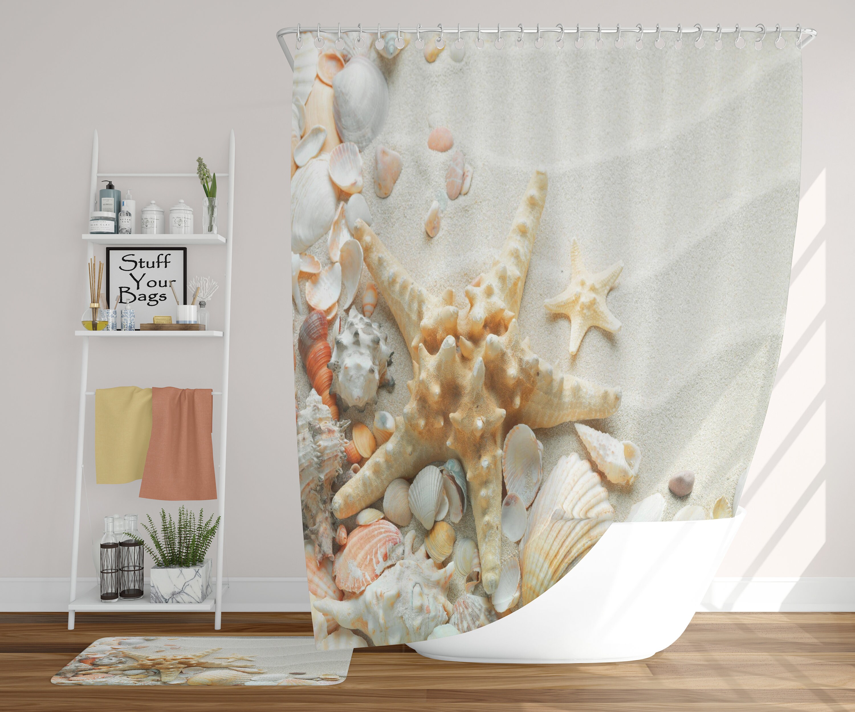 Seashell Shower Curtain with Starfish and Clam Shell Designs - Tropical Beach Sand Bathroom Decor