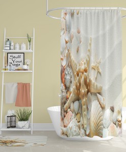 Seashell Shower Curtain with Starfish and Clam Shell Designs - Tropical Beach Sand Bathroom Decor
