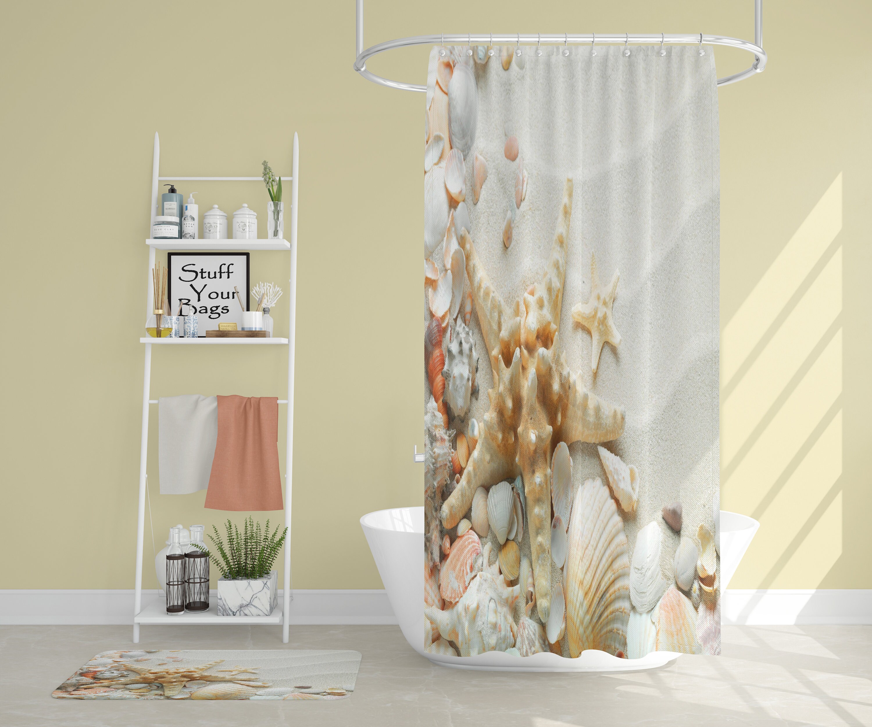 Seashell Shower Curtain with Starfish and Clam Shell Designs - Tropical Beach Sand Bathroom Decor
