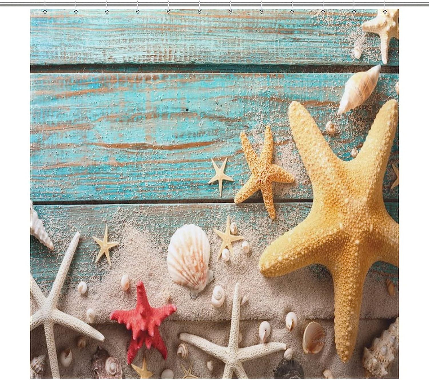 Seashell Starfish Beach Shower Curtain - Fabric Printed Bathroom Decor Accessory