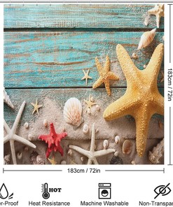 Seashell Starfish Beach Shower Curtain - Fabric Printed Bathroom Decor Accessory